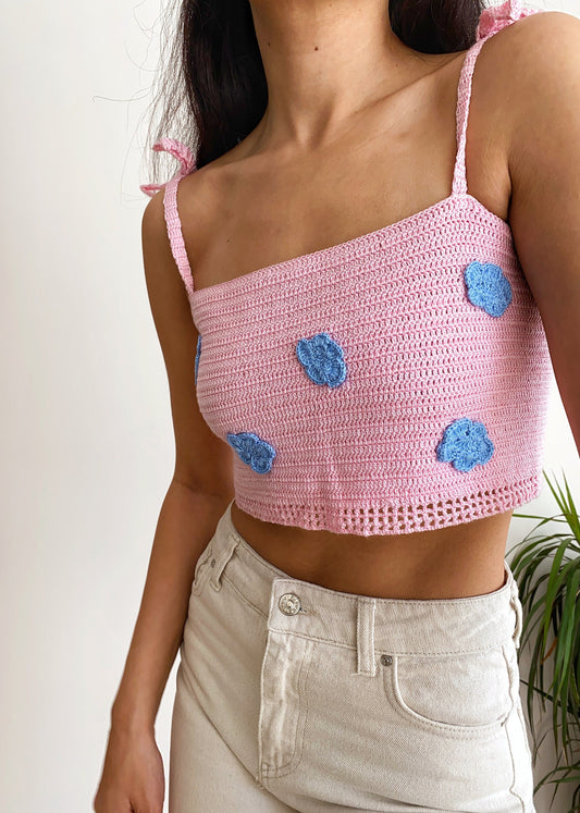 Candy Pink Crochet Top with Clouds