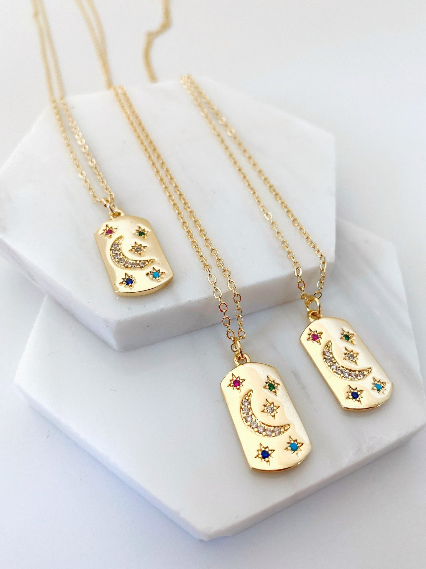 Square Frame Crystal Charm Necklace • Moon and Star Plate Jewelry