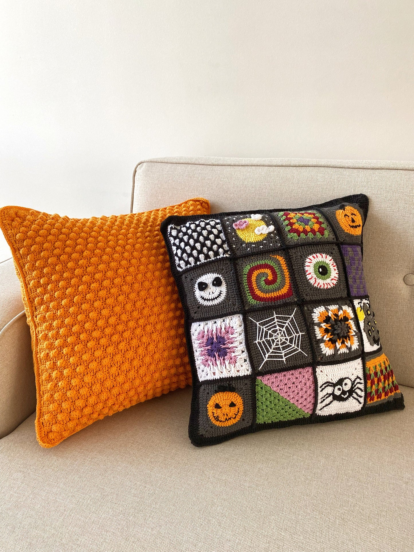 Custom Halloween Patchwork Crochet Throw Pillow Cover Set