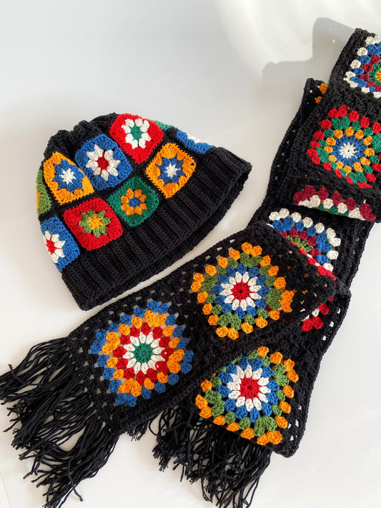 Crochet Granny Square Scarf Hat Set