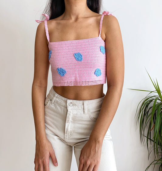 Candy Pink Crochet Top with Clouds