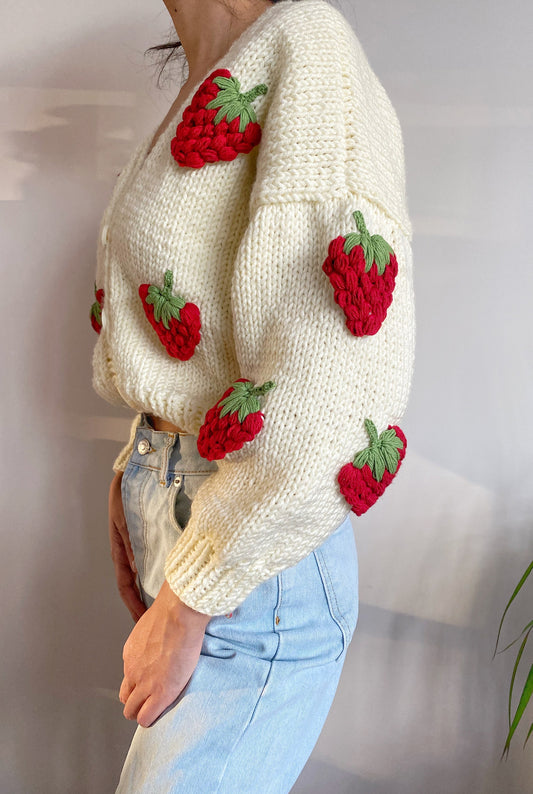 Hand Knit Chunky Strawberry Cardigan