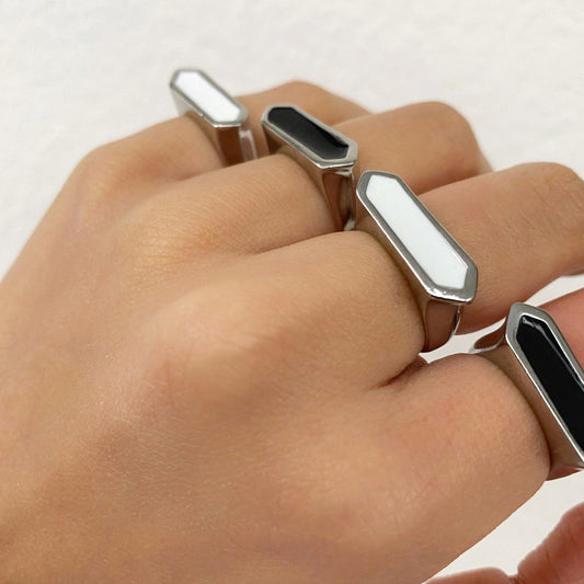 Silver Black White Ring • Rectangular Shiny Signet Ring • Enamel Couple Ring