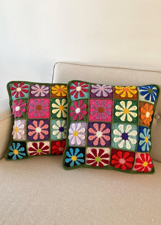 Flower Patchwork Granny Square Crochet Pillow Cover- Handmade Pillow Case Throw Pillow