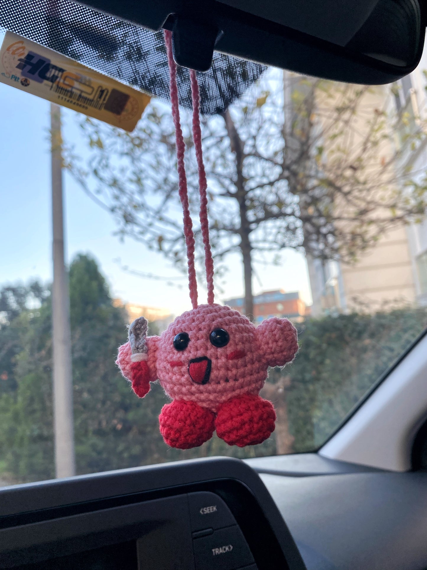 Handmade Crochet Kirby Car Mirror Luck Charm,Amigurumi Car Accessory,New Car Gift,Car Mirror Hanging,Car Interior,Rear-View Mirror Pendant