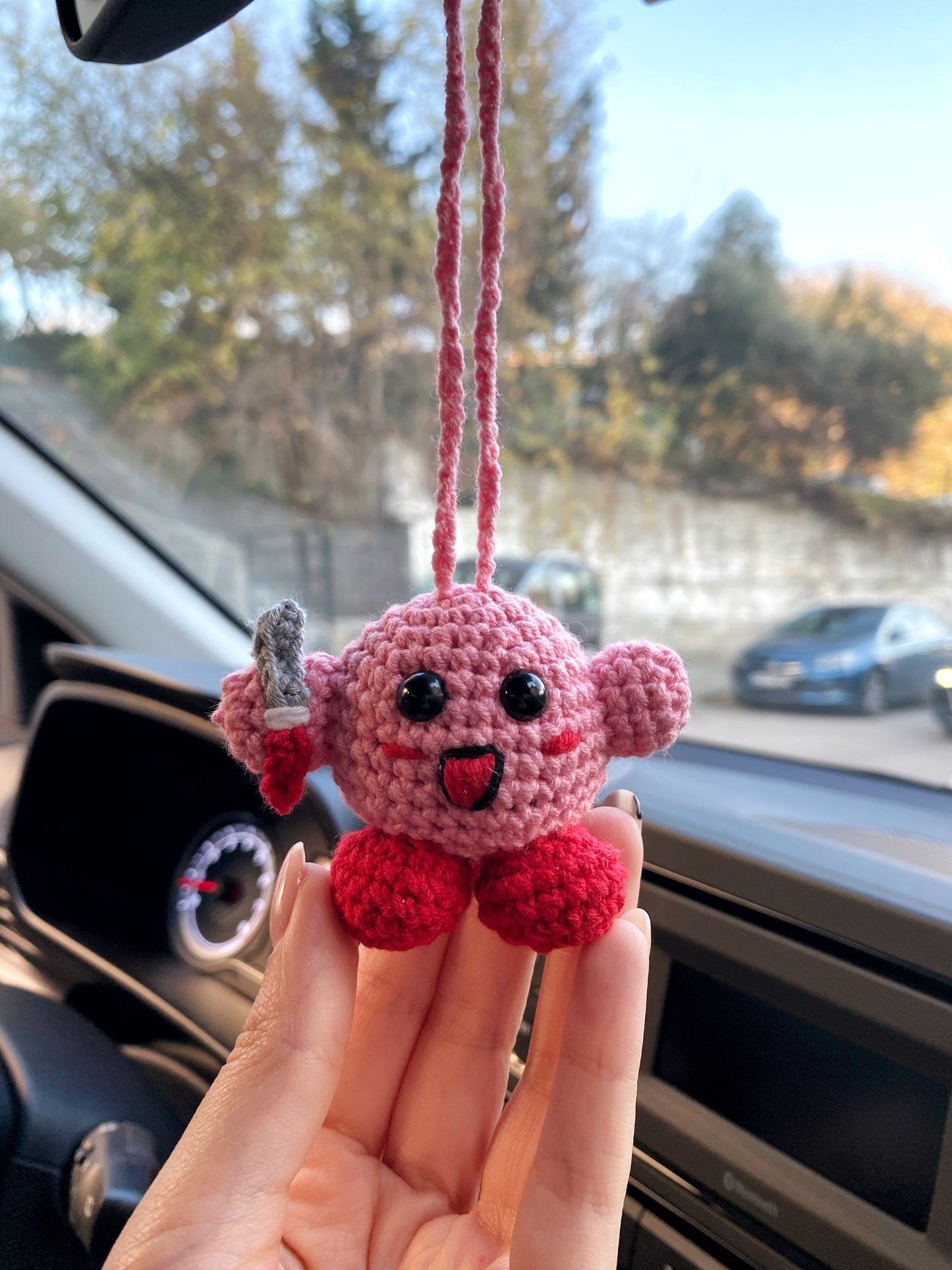 Handmade Crochet Kirby Car Mirror Luck Charm,Amigurumi Car Accessory,New Car Gift,Car Mirror Hanging,Car Interior,Rear-View Mirror Pendant