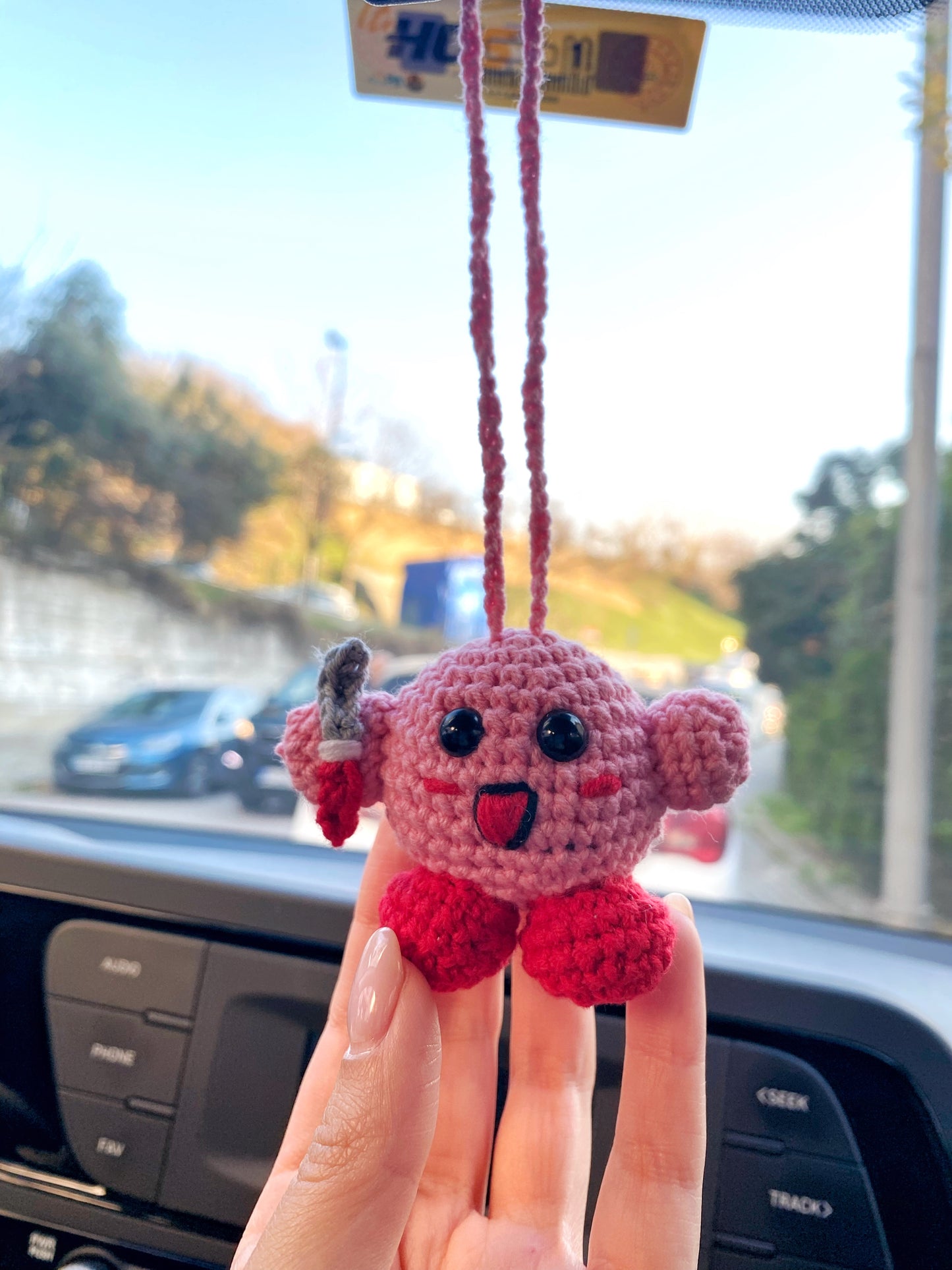 Kirby Car Car Mirror Hanging Amigurumi  - New Car Gift Crochet- Car Interior Accessory - Luck Charm