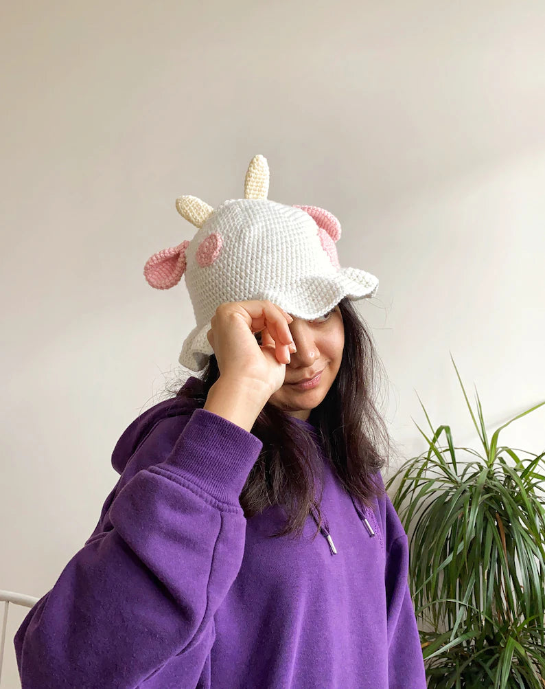 Crochet Pink Cow Bucket Hat