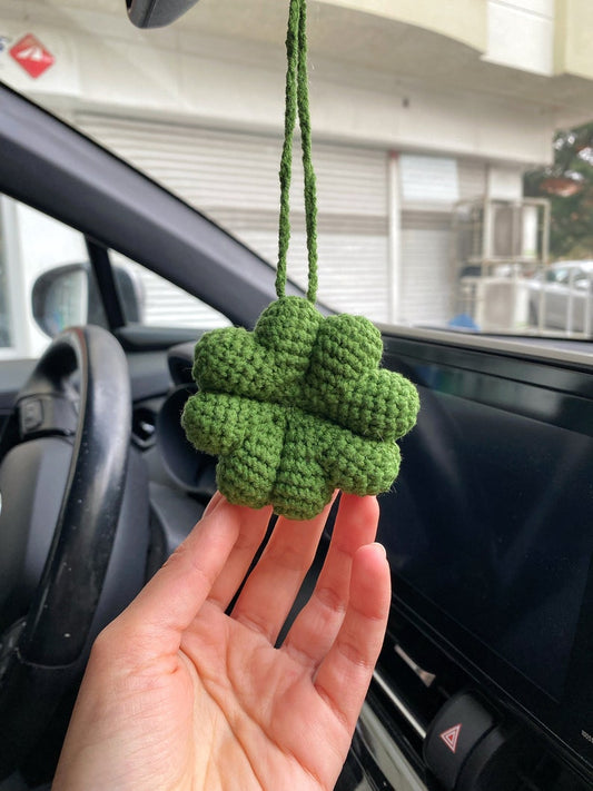 Clover Car Mirror Hanging Amigurumi - New Car Gift Crochet- Car Interior Accessory - Luck Charm