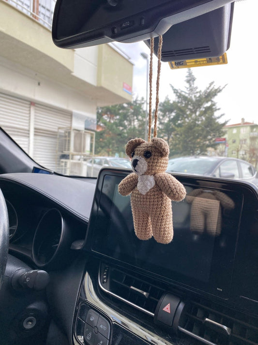 Teddy Bear Car Mirror Hanging Amigurumi - New Car Gift Crochet- Car Interior Accessory - Luck Charm