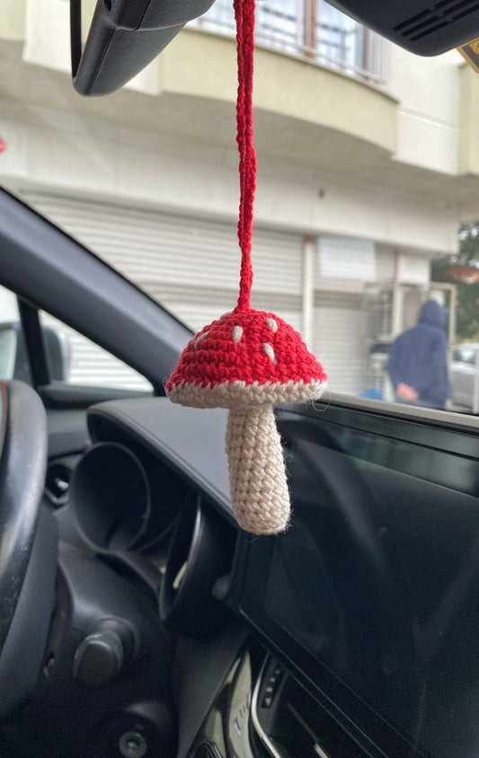 Mushroom Car Mirror Hanging Amigurumi - New Car Gift Crochet- Car Interior Accessory - Luck Charm
