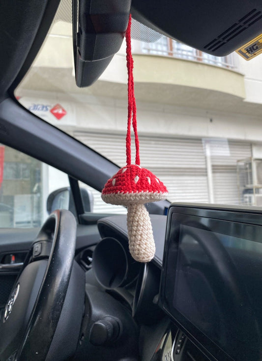 Mushroom Car Mirror Hanging Amigurumi - New Car Gift Crochet- Car Interior Accessory - Luck Charm