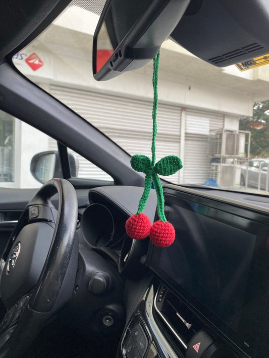 Cherry Car Mirror Hanging Amigurumi - New Car Gift Crochet- Car Interior Accessory - Luck Charm