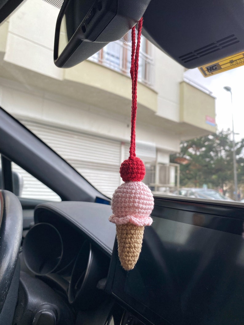Ice Cream Car Mirror Hanging Amigurumi  - New Car Gift Crochet- Car Interior Accessory - Luck Charm