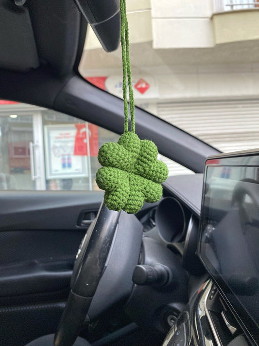 Clover Car Mirror Hanging Amigurumi - New Car Gift Crochet- Car Interior Accessory - Luck Charm