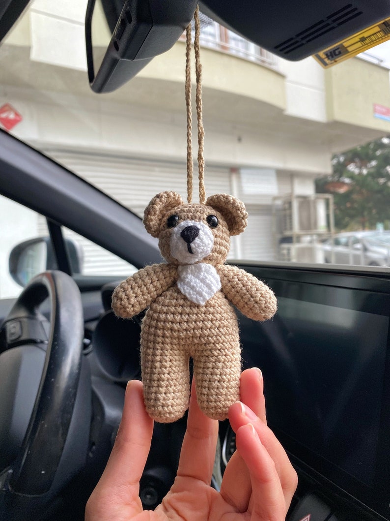 Teddy Bear Car Mirror Hanging Amigurumi  - New Car Gift Crochet- Car Interior Accessory - Luck Charm