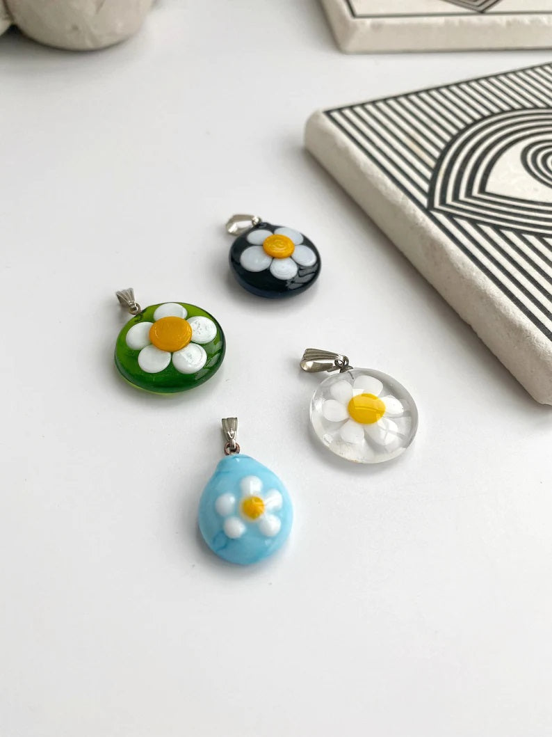 Round Daisy Murano Glass Charms • Black Green Clear Turquoise Daisy
