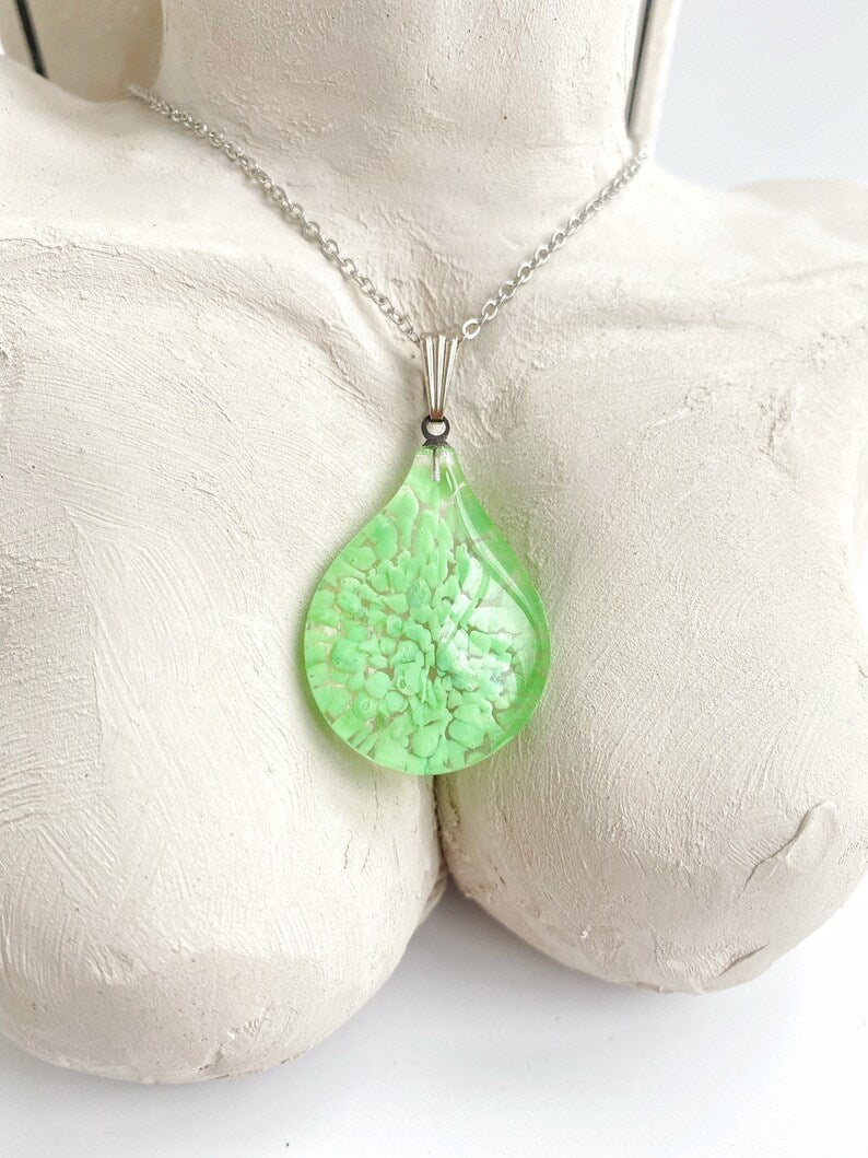 Silver Tear Drop Murano Glass Necklace • Green Red Clear Turquoise Lambwork