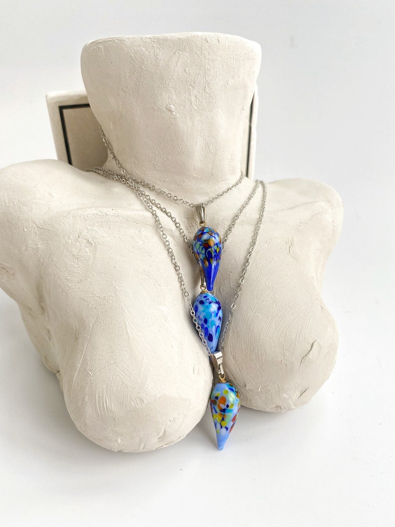 Silver Water Drop Murano Glass Necklace • Blue Bottle Shape Millefiori Murano