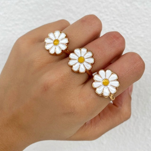 Gold Daisy Flower Enamel Ring •  Floral Beaded Ring • Yellow White Daisy Ring