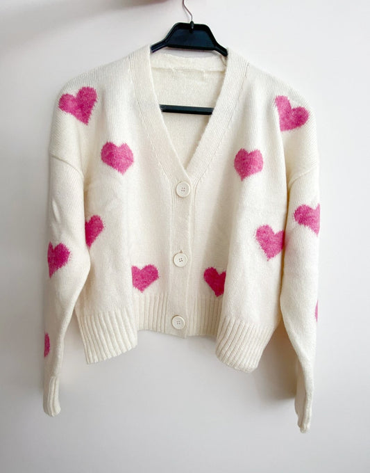 Knit Cardigan with Pink Hearts