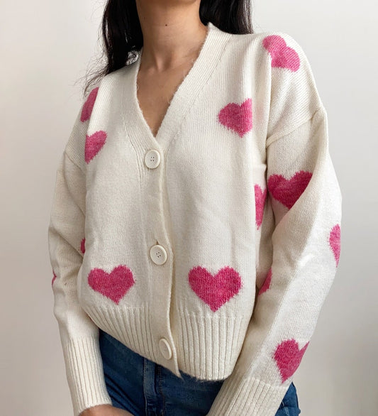 Knit Cardigan with Pink Hearts