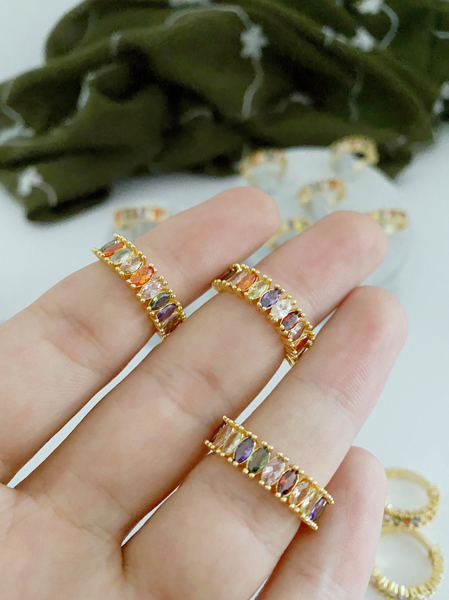 Rainbow Baguette Eternity Ring • Adjustable Multicolor Crystal Ring