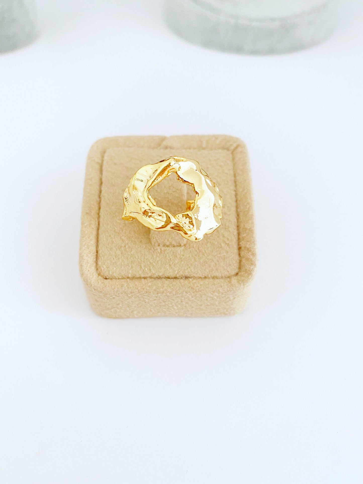 Hammered Tarnish Free Adjustable Ring • Gold Engraved Designer Ring