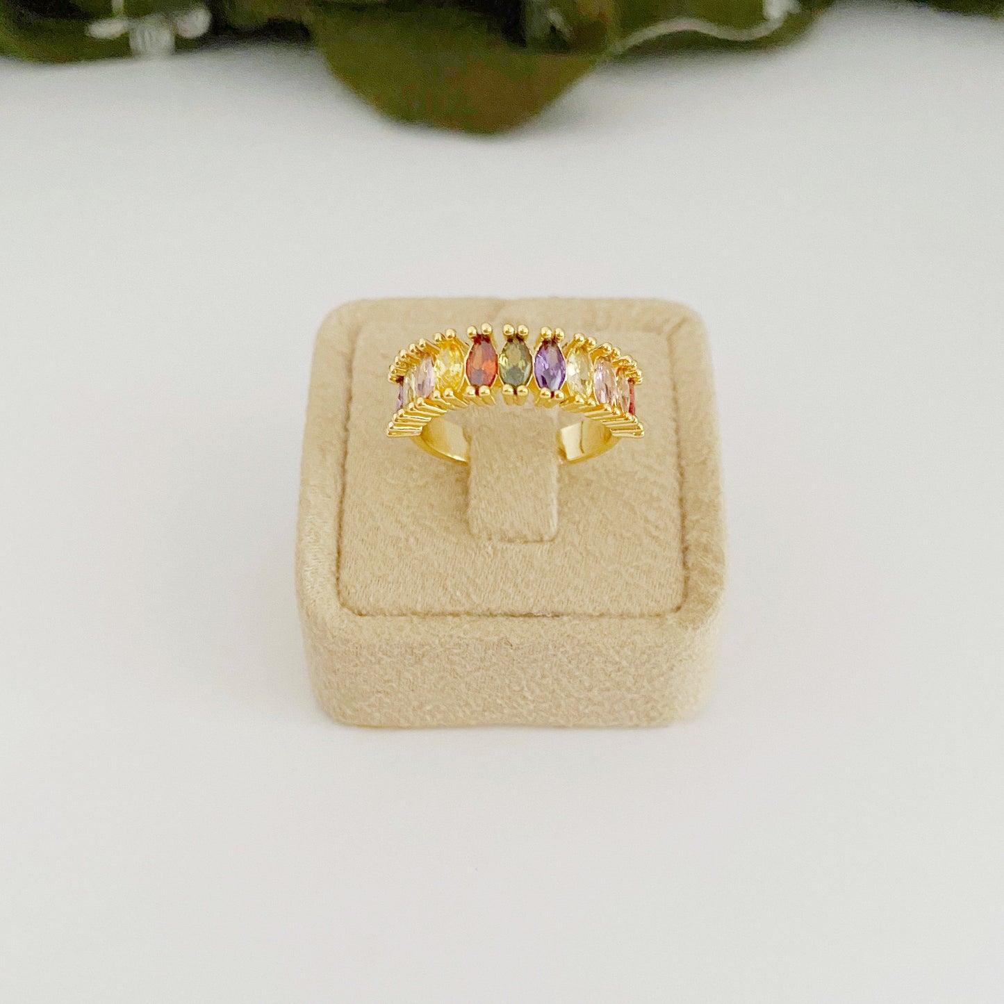 Rainbow Baguette Eternity Ring • Adjustable Multicolor Crystal Ring