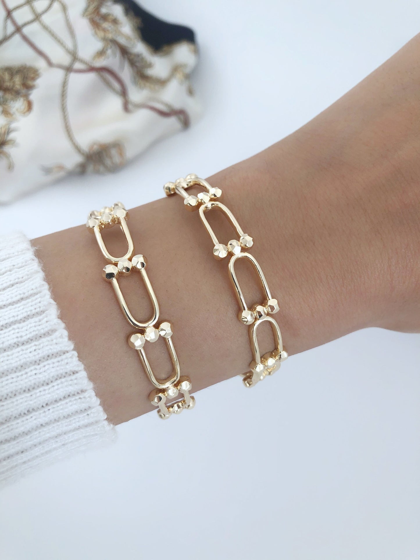 Chunky Chain Link Cuff Bracelet • Gold Paper Clip U Link Ball Bracelet