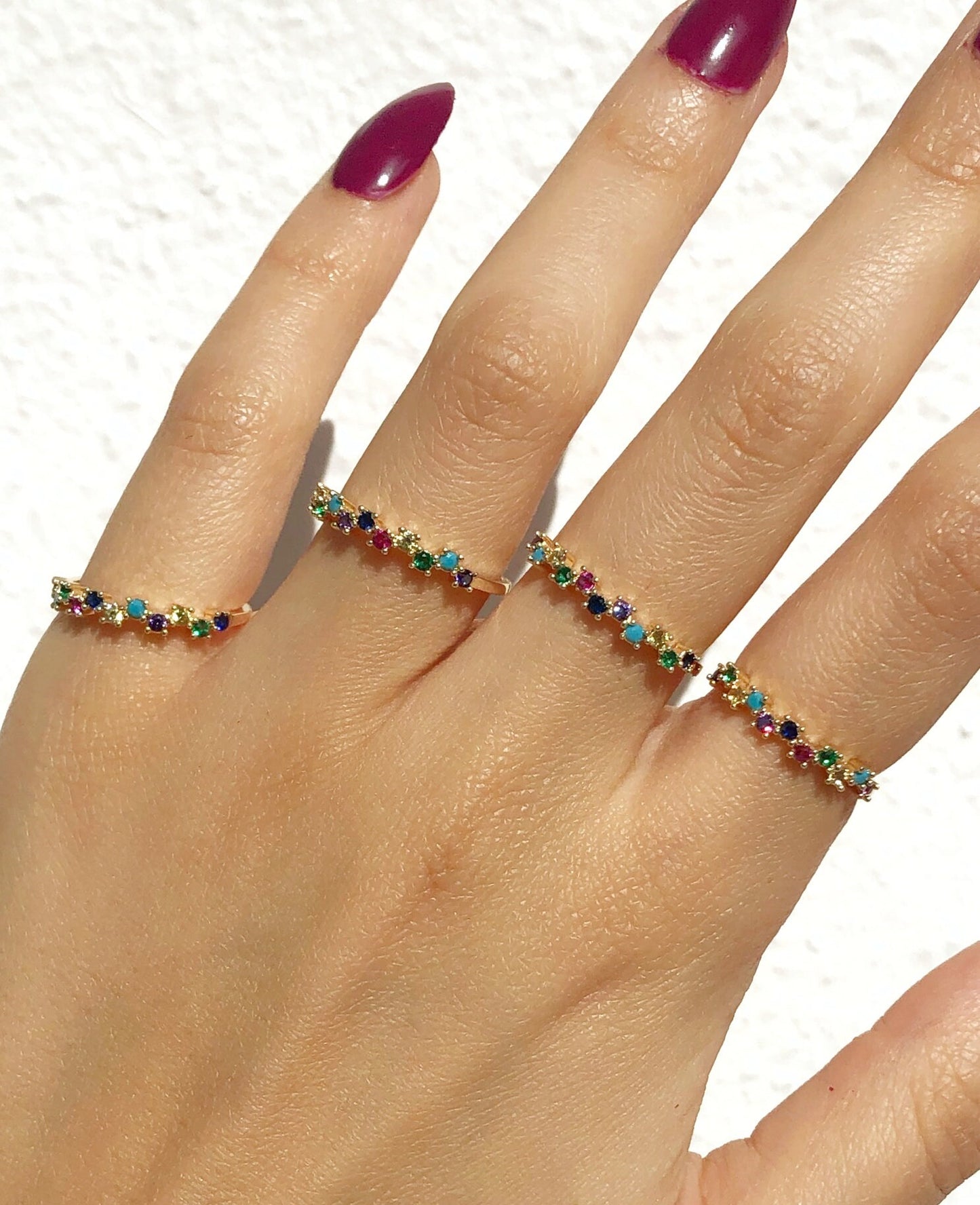 Dainty Stackable Birthstone Rainbow Ring • Gold Thin Love Ring