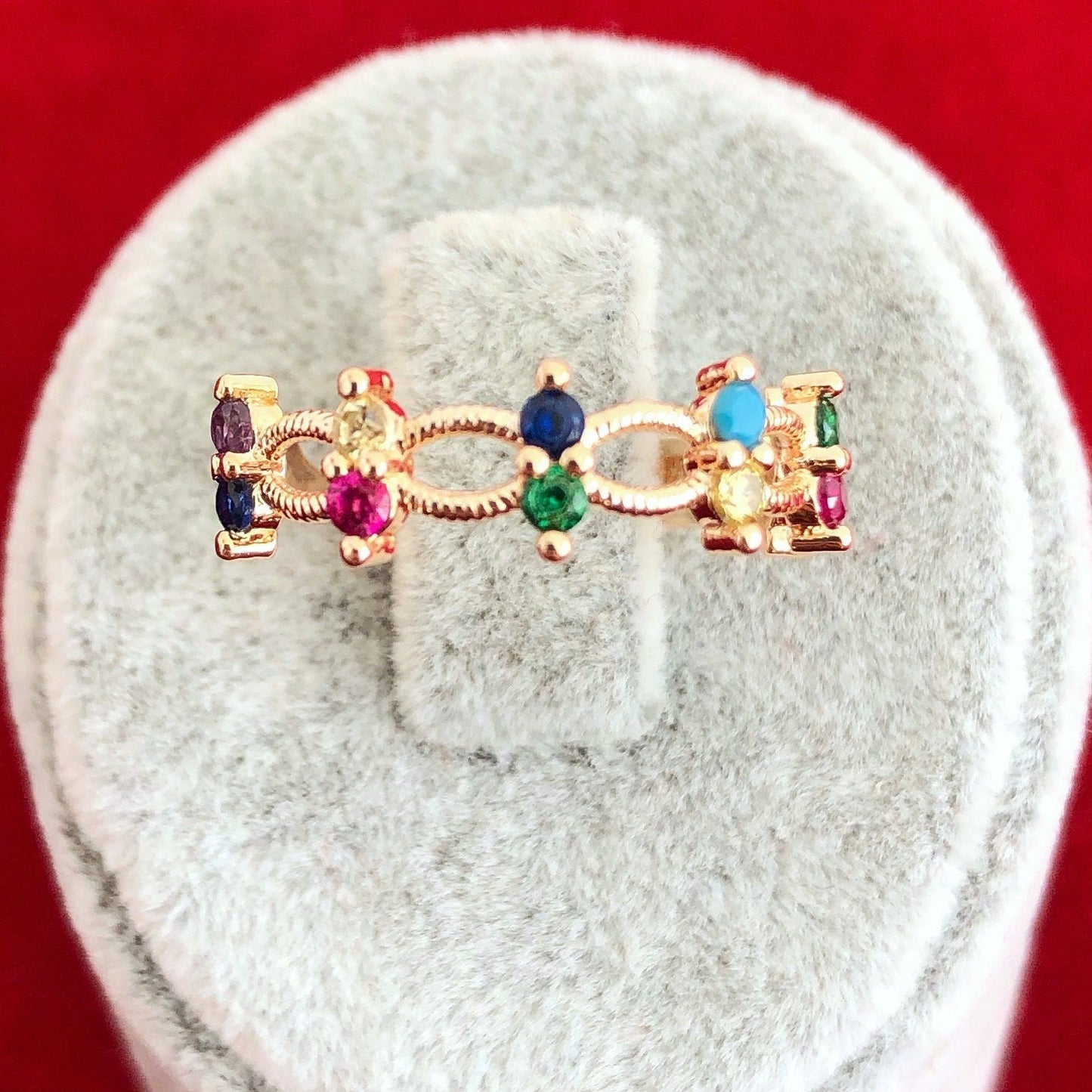 Birthstone Cuban Link Chain Ring • Rainbow Ring • Thin Colorful Band