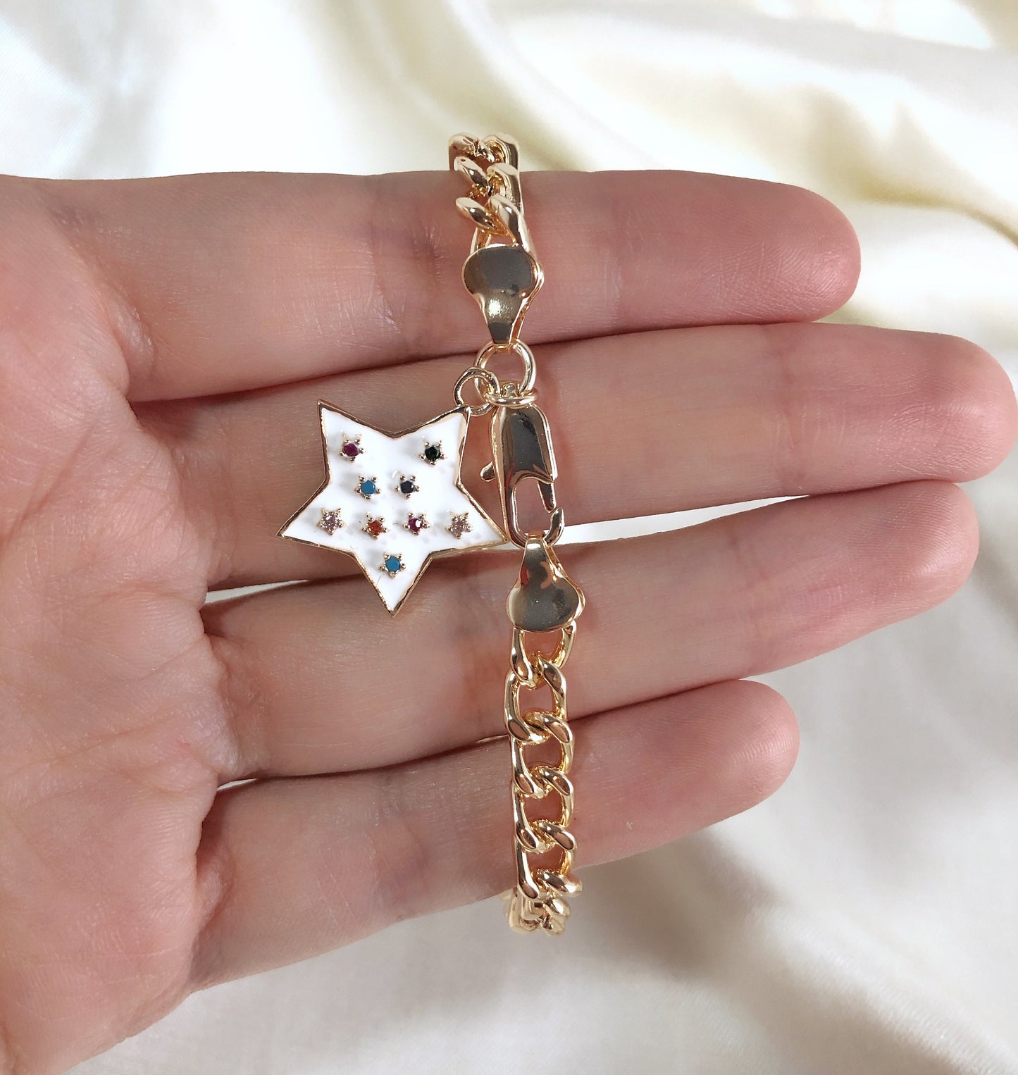 Star Charm Enamel Bracelet • Large Star Thick Curb Chain Dangle