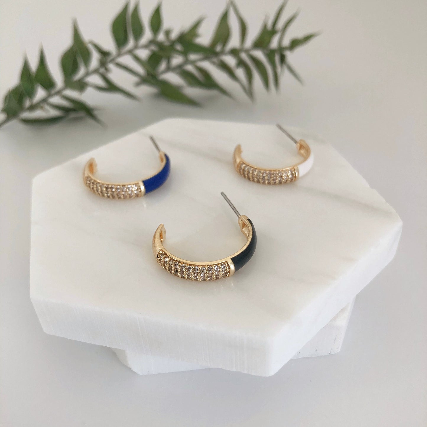 Colorful Crystal Earring • White Black Blue Enamel Earring Hoops