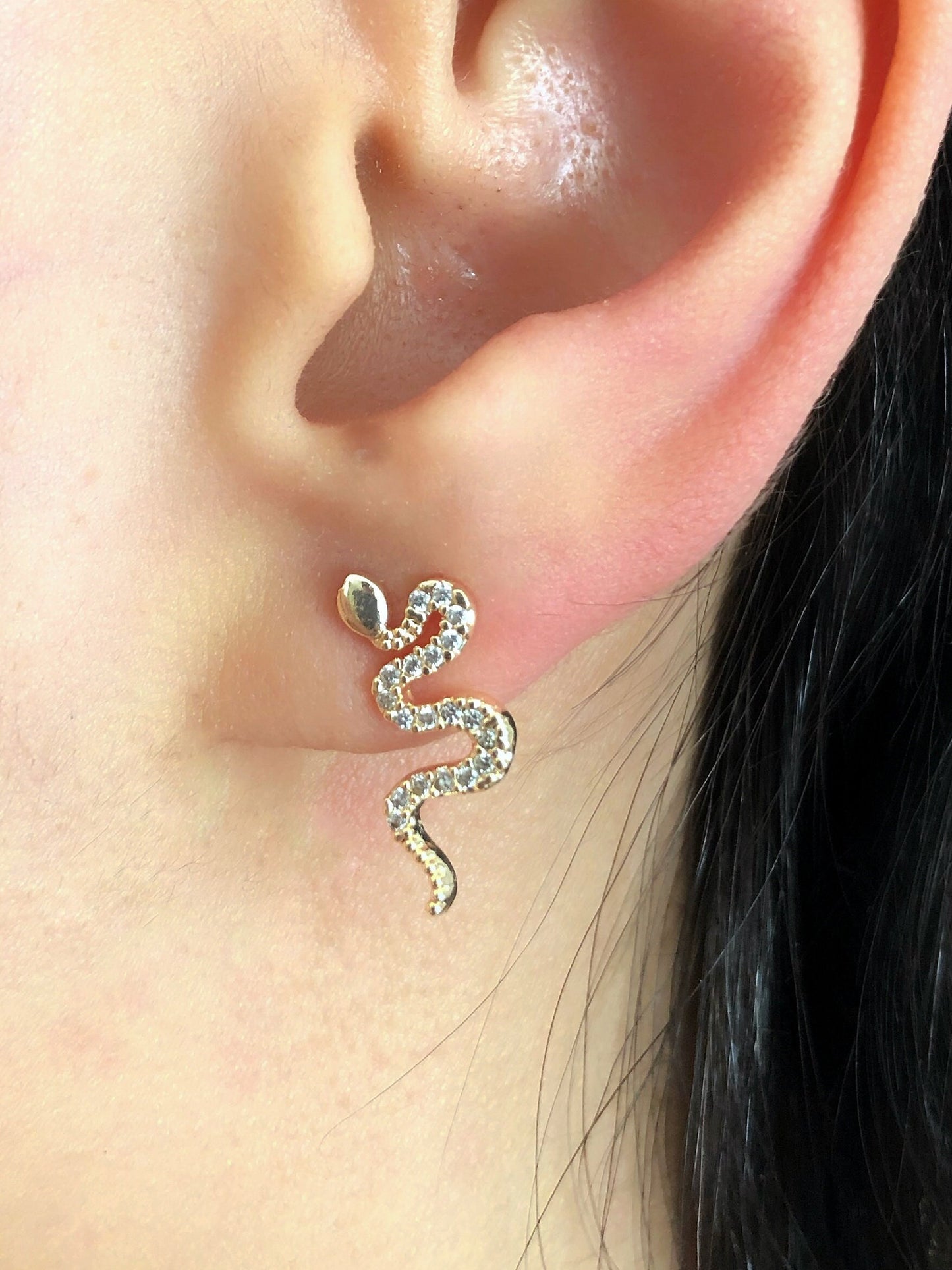 Crystal Snake Stud Earring • Tiny Serpent Earring • Snake Climber Ear