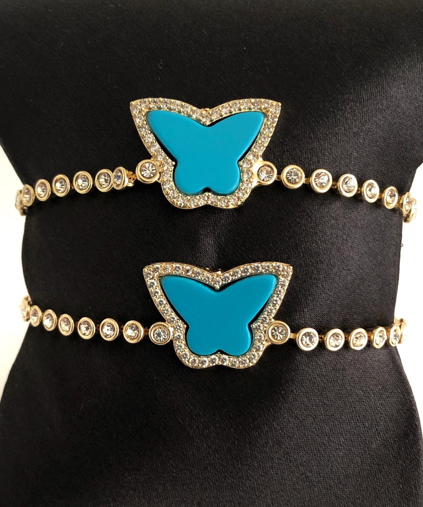 Crystal Blue Butterfly Bracelet • Dainty Charm Gold Arm Band