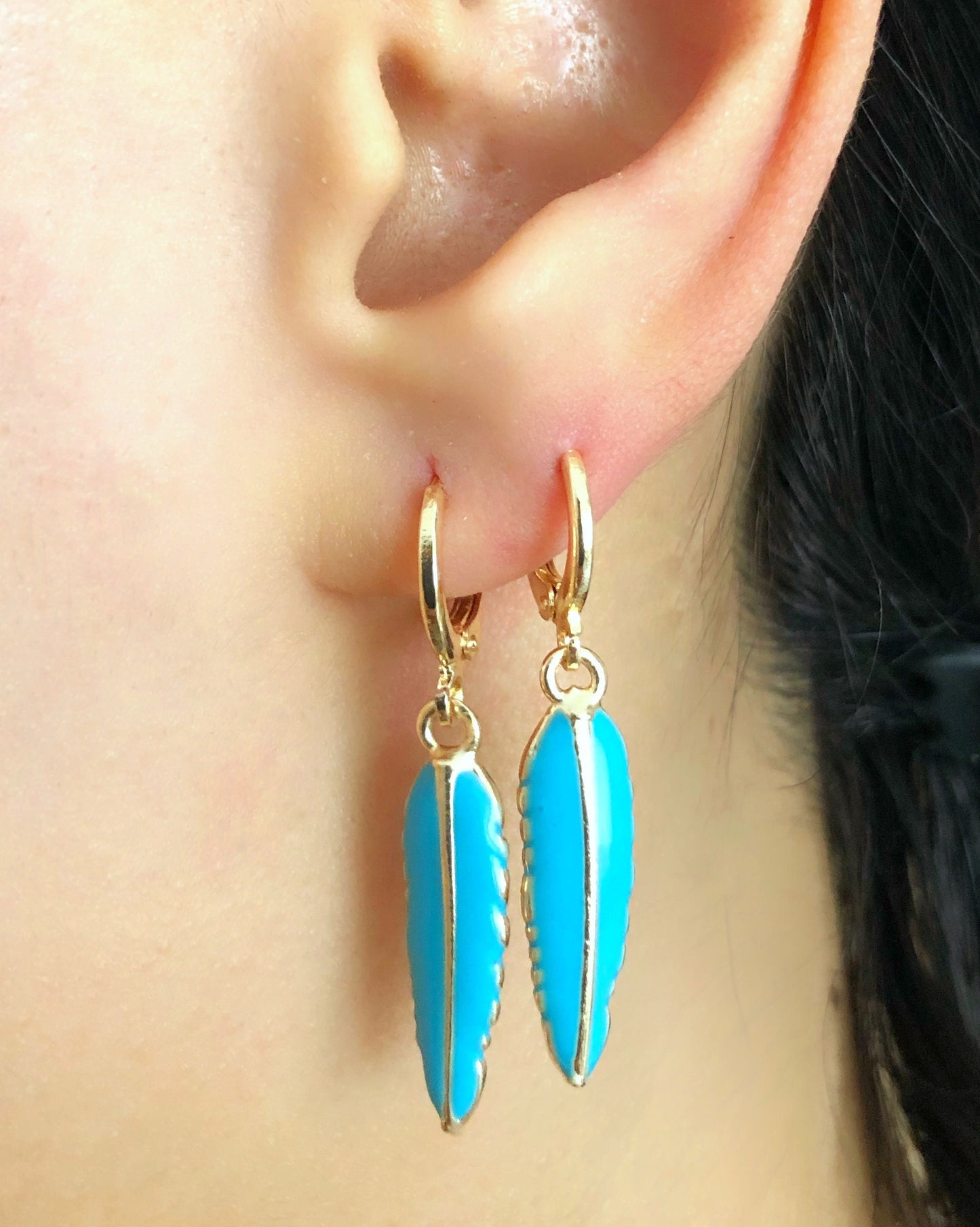 Black Feather Hoop Earring • White Feather Hoops • Turquoise Earrings