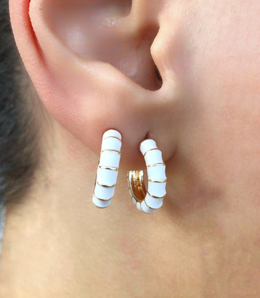 White Bamboo Hoop Earring • Bone Shape White Enamel Earrings