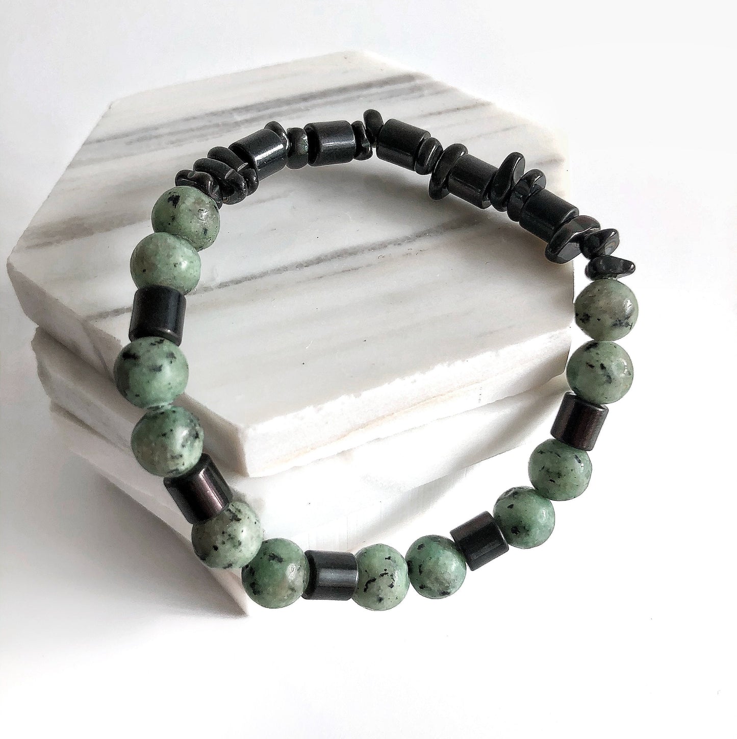 Green Jade & Black Obsidian • Natural Stone Bead Bracelet for Men