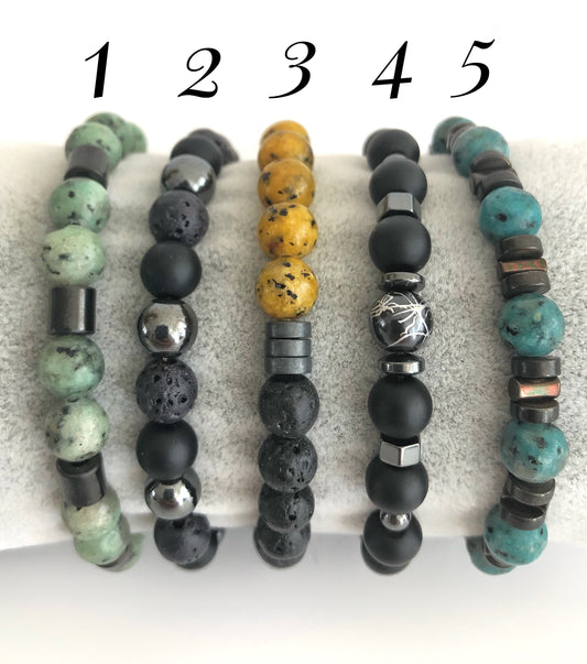 Black Onyx Lava Rock Hematite Turquoise • Stone Bead Men Bracelet