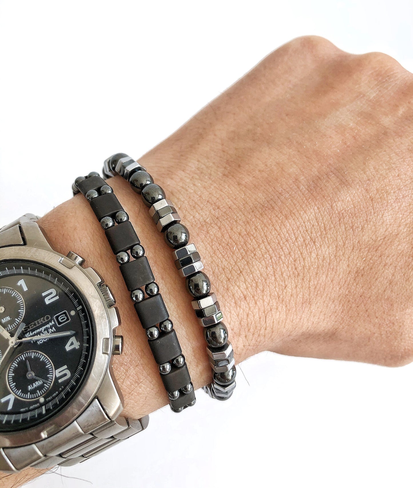 Matte Hematite Band Set • Natural Bead Bracelet • Mens Jewelry