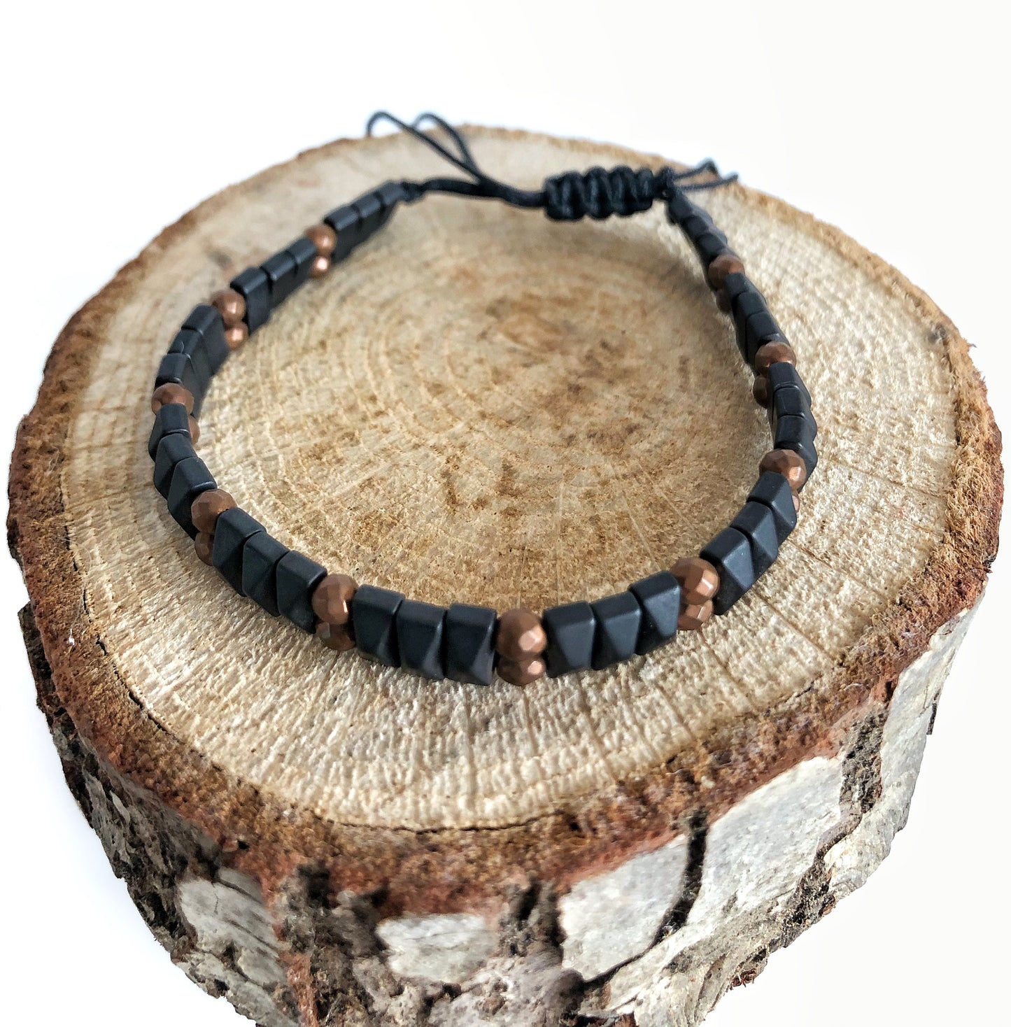 Natural Hematite Stone Bead Bracelet • Adjustable Mens Jewelry