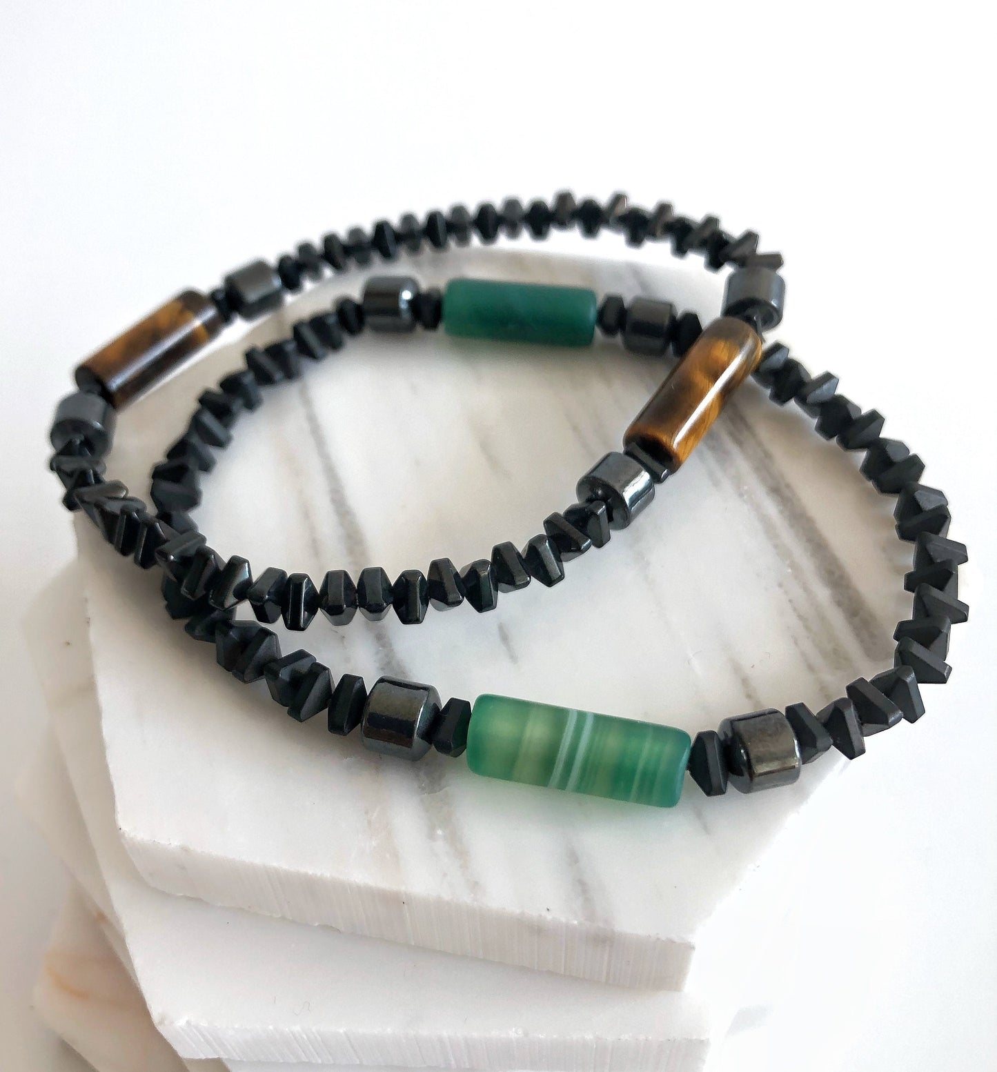 Tube Quartz Bead & Black Obsidian • Unisex Natural Bead Men Jewelry