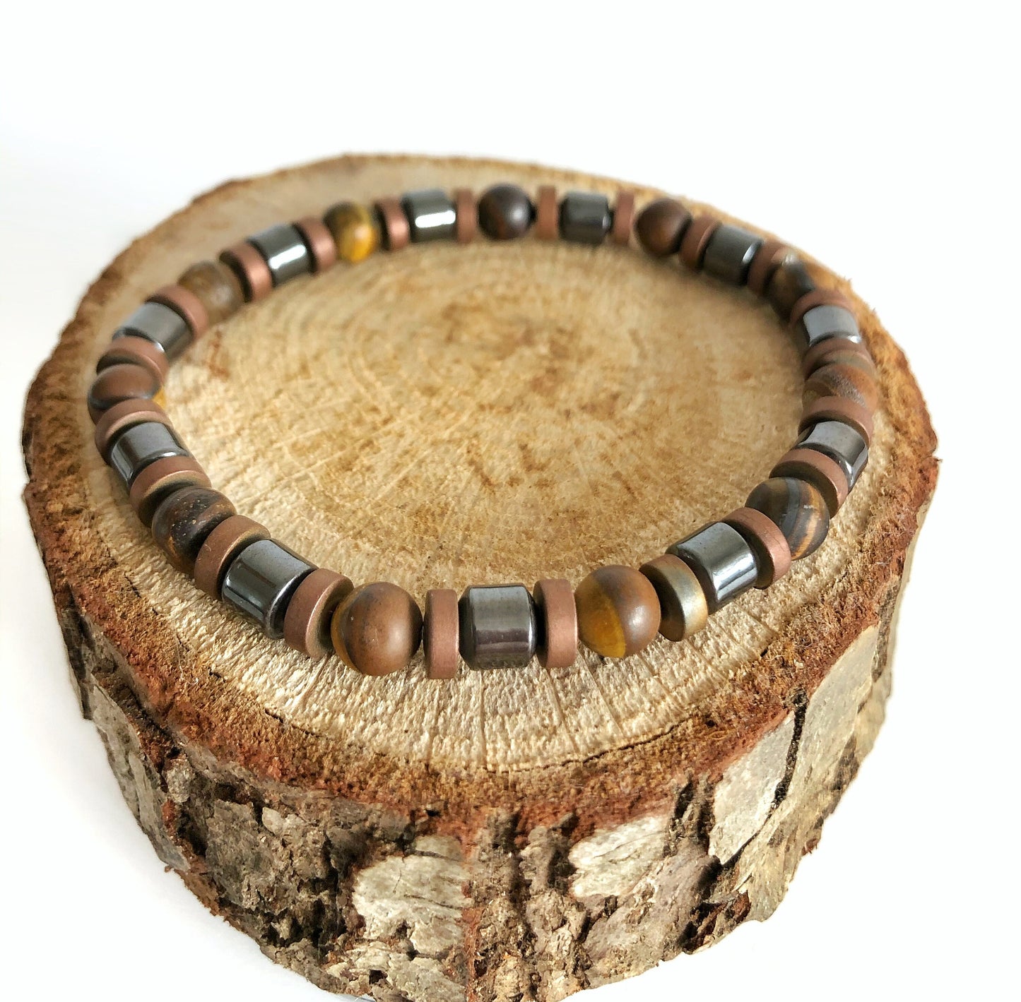Hematite & Wood Beads Obsidian • Natural Stone Men Bracelet