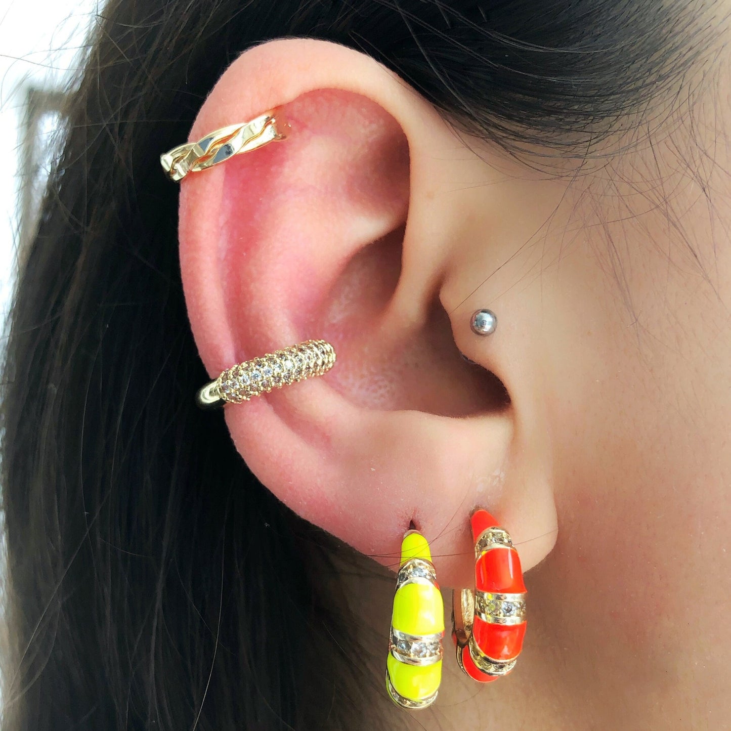 Neon Thin Colorful Ear Cuff • Multi Color Enamel Crystal Ear Ring