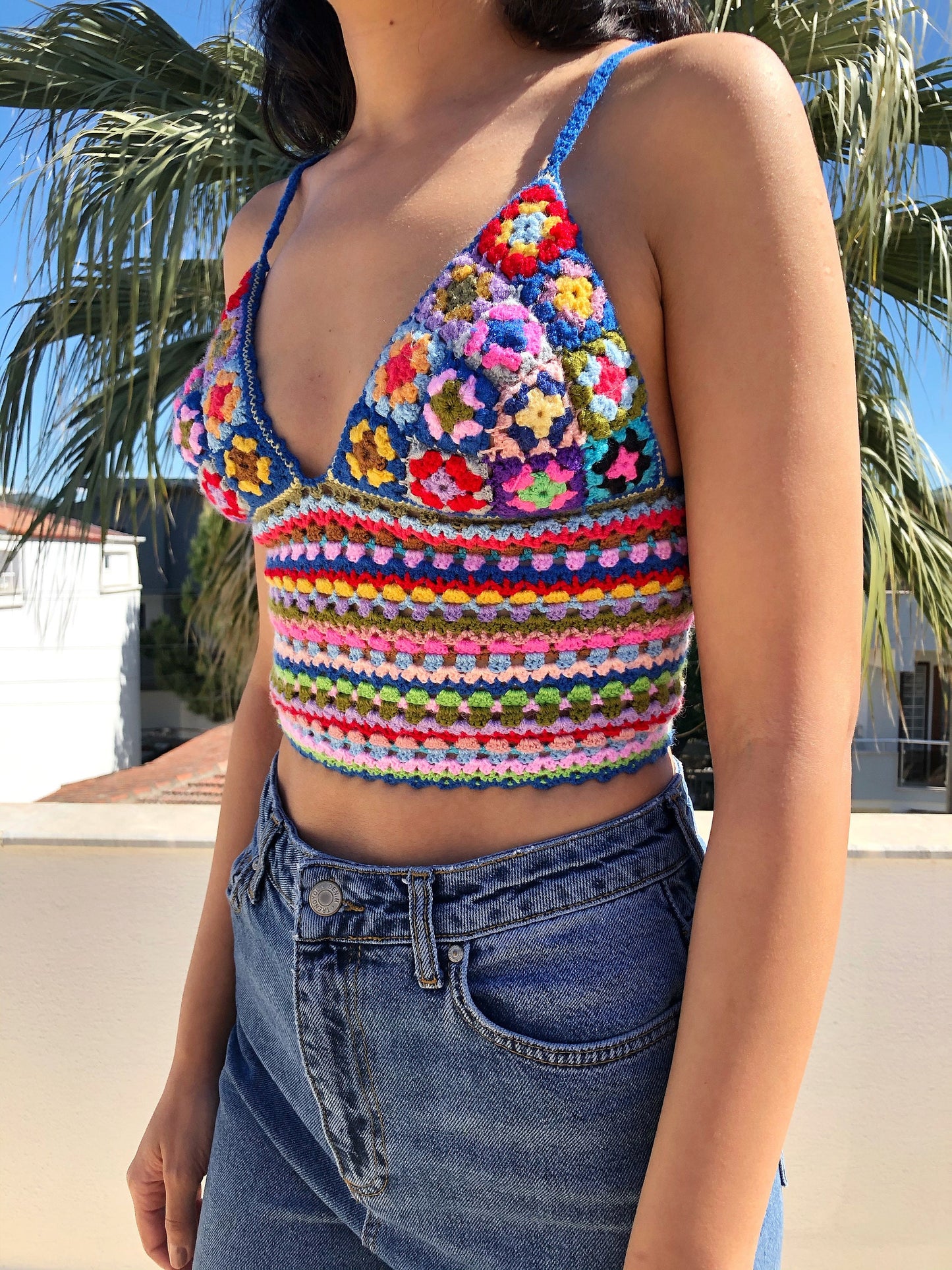 Handknitted Crochet Top with Retro Granny Squares