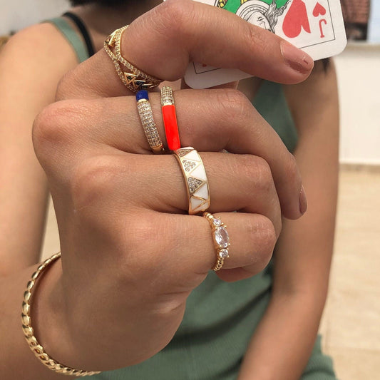 Minimalist Pave Baguette Ring • Tarnish Free Pink Blue Enamel Ring
