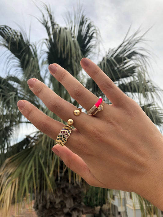 Pink Enamel Ring • Gold Chunky Ring • Double Circle Open Band