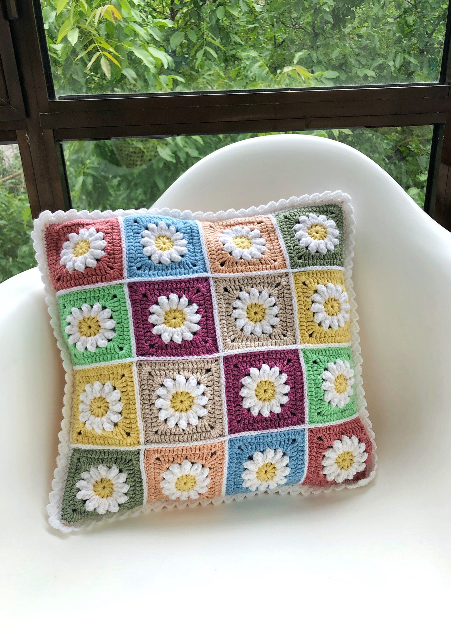 Handmade Crochet Daisy Cushion Cover