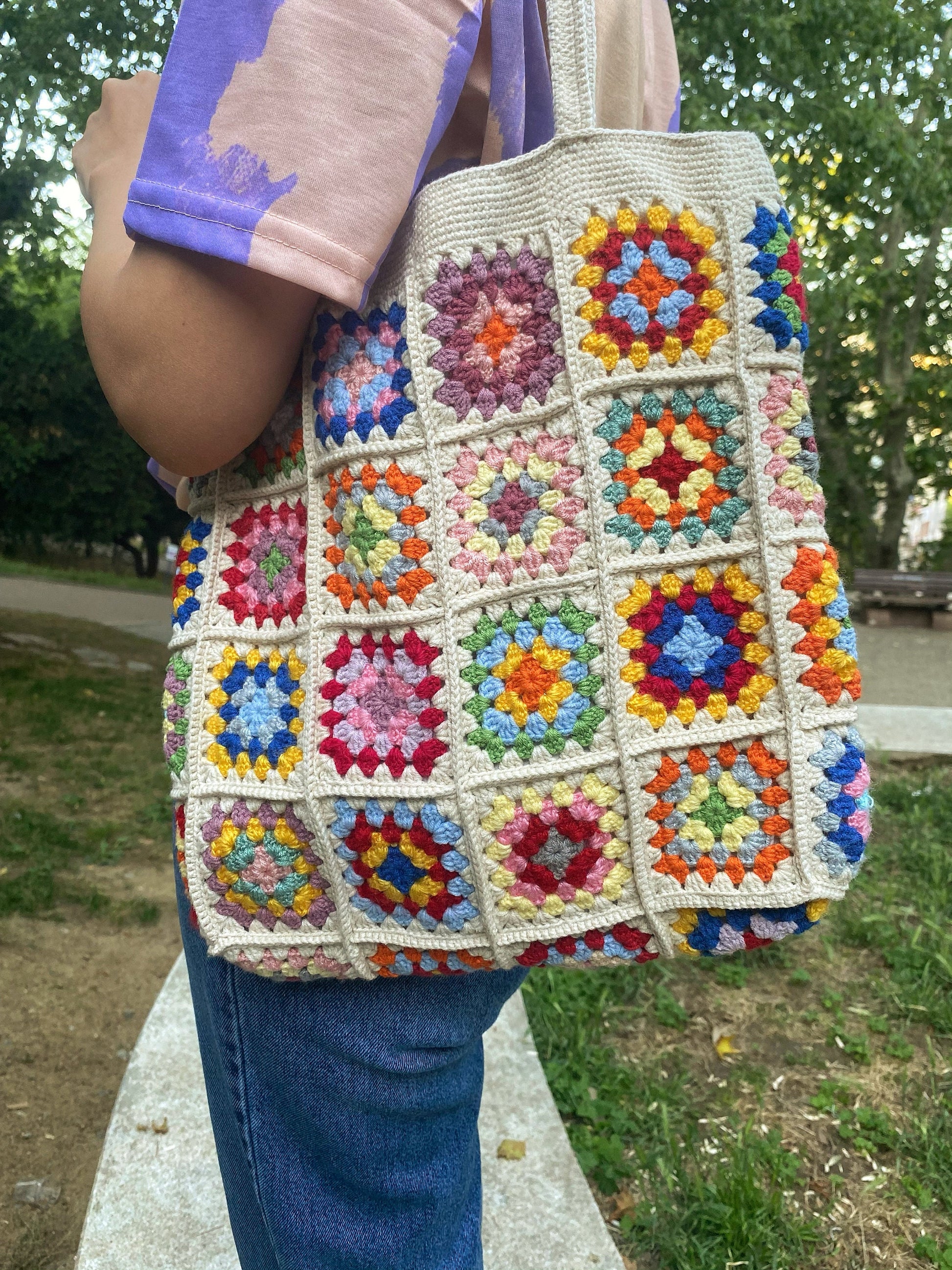 Handmade Granny Square Crochet Bag, Hand Knit Purse, Knitted Hand